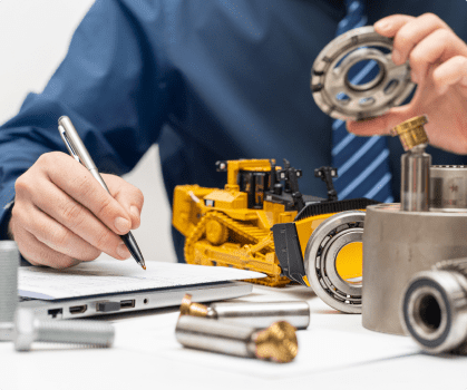 Un homme travaille sur un ordinateur portable avec un stylo, concentré sur la réparation d'une pompe hydraulique.