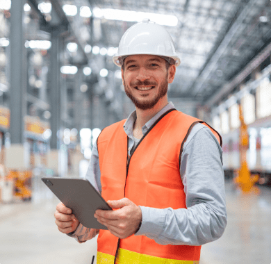 A man in an orange vest operates a tablet while standing near a hydraulic distributor.